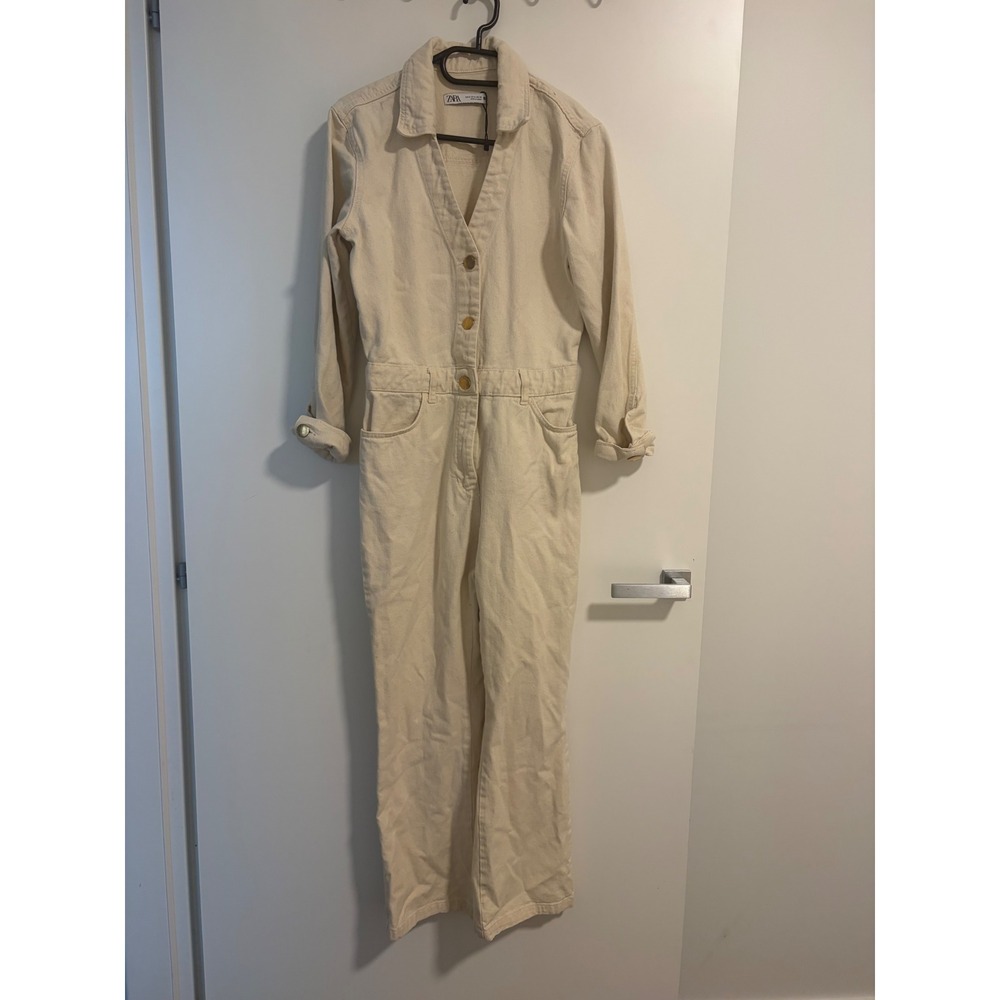 Zara Ecru Denim Boiler Suit Jumpsuit Cream Gold Button Long Sleeve Size M